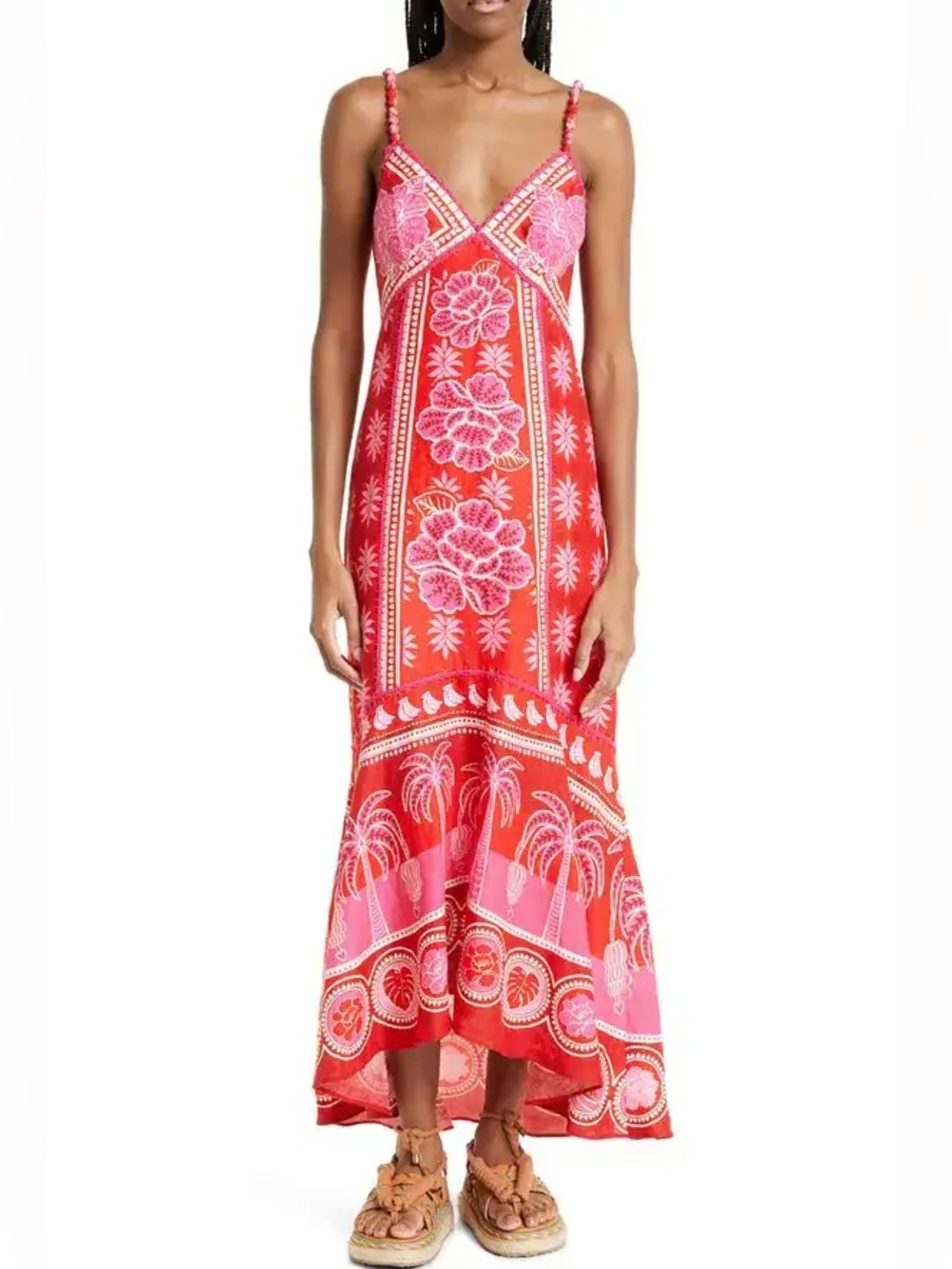 🌺 Farm Rio Summer Sunrise Embroidered Linen Maxi Dress Size Large Red Pink - Picture 2 of 16